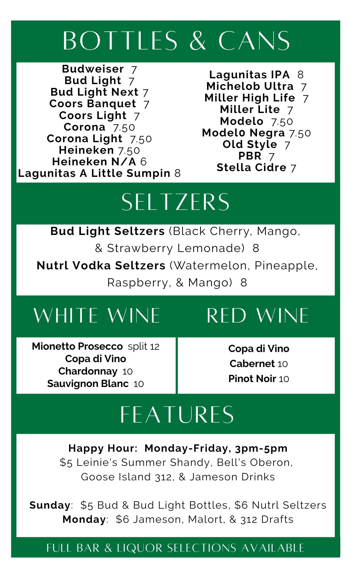 DRINKS MENU – Streeter's Tavern | Streeterville
